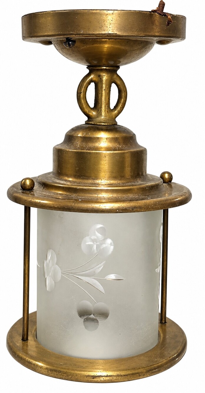 Antique Colonial Brass Ceiling Light Frosted Glass Shade Floral
